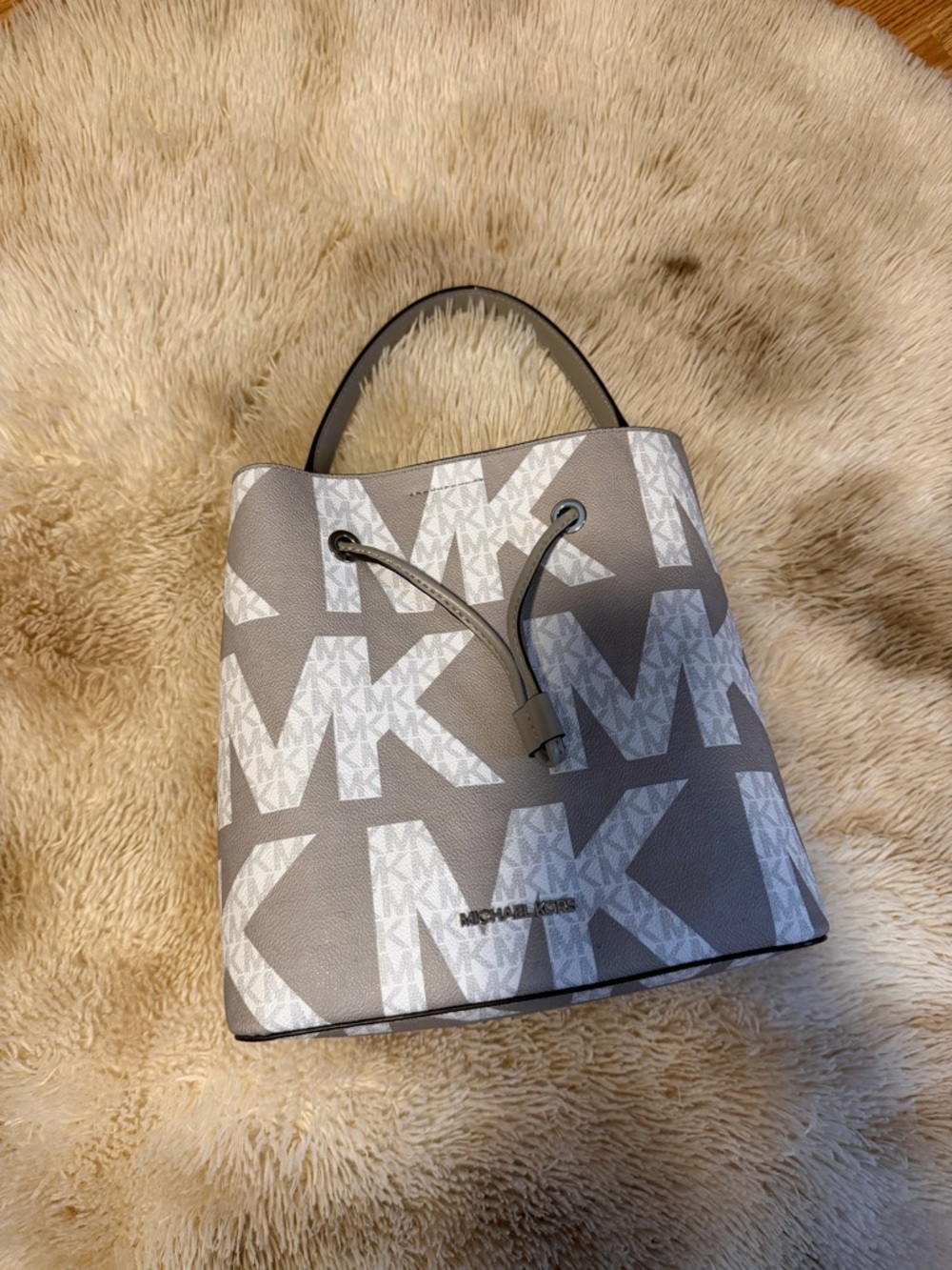 Michael Kors Gray and White Monogram Drawstring Bucket Bag